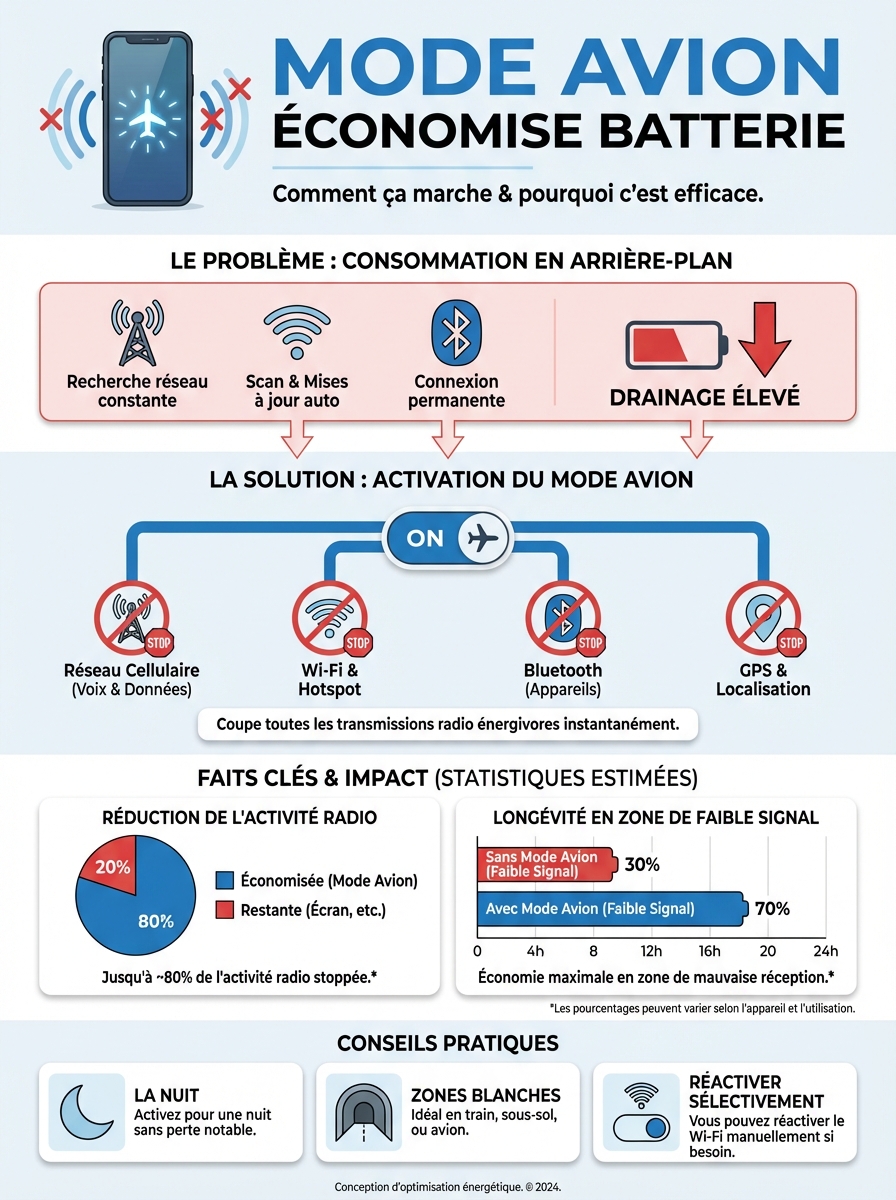Infographie mode avion économise batterie